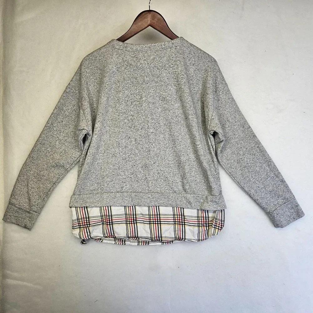 Izod Womens Sweatshirt‎ Shirttail Hem Stretch Tie Waist Heathered Gray Plaid L
